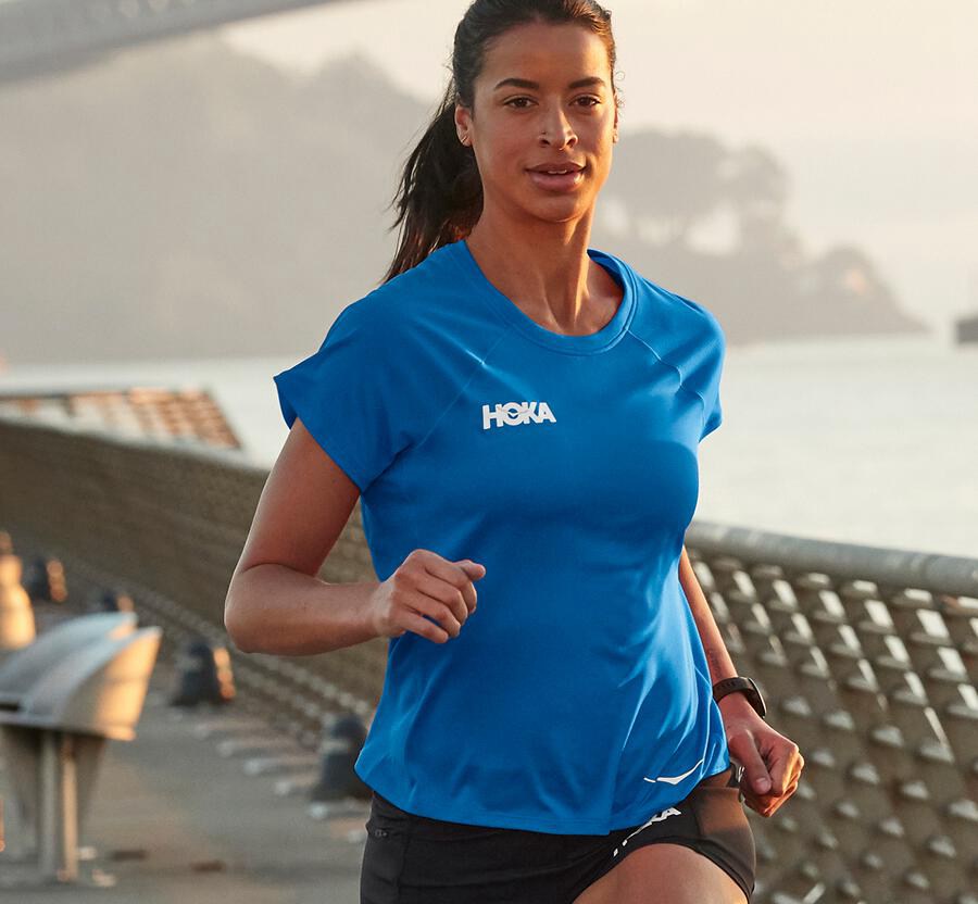 Hoka One One Top Kadın Mavi - Performance Short Sleeve - JI0564718